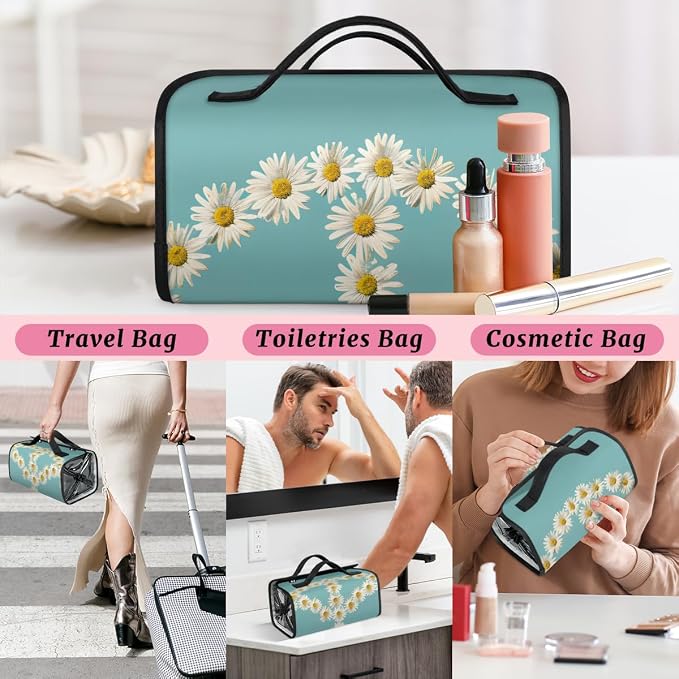 Floral Peace Sign Makeup Bag for Women Hanging Roll-Up Travel Organizer Toiletry Kit with 4 Removable Compartments, Daisy