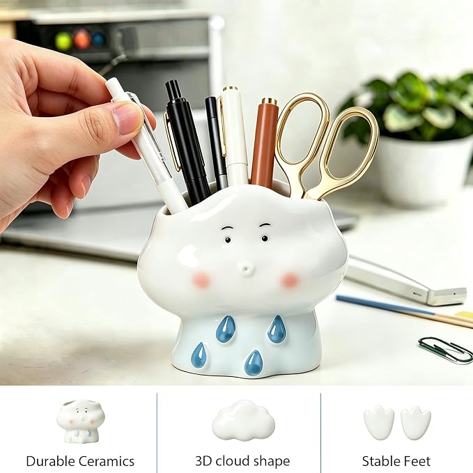Ceramic Mushroom Shaped Pen Pencil Holder for Desk Decoration Accessories Mushroomb Decor Makeup Brush Pen Cups Office School Ideal Gifts for Women, Mom or Birthdays (white)