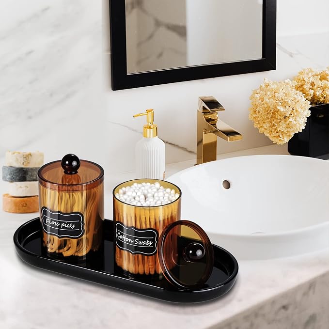 SheeChung 4-Pack Qtip Holder, Amber Acrylic Apothecary Jars for Bathroom | (2) 10oz & (2) 12oz Qtip Holder Set - Bathroom Vanity Organizer for Cotton Swabs,Balls,Pads - Modern Farmhouse Decor