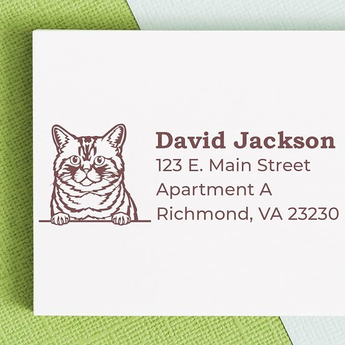 Peeking Brazilian Shorthair Cat Self-Inking Address Stamp - Crisp Imprint | Cat Address Stamp for Brazilian Shorthair Cat Owners. Rectangular Address Stamp for Pet Owners Custom. 4 case colors.
