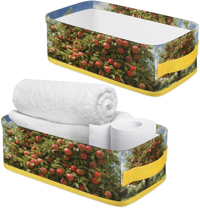 Orchard Apples Tree Bathroom Storage Basket, Foldable with Handle Open Countertop Paper Towel Decorative Box, Toilet Tank Top Shelf Baskets for Home Closet Bedroom Living Room Office