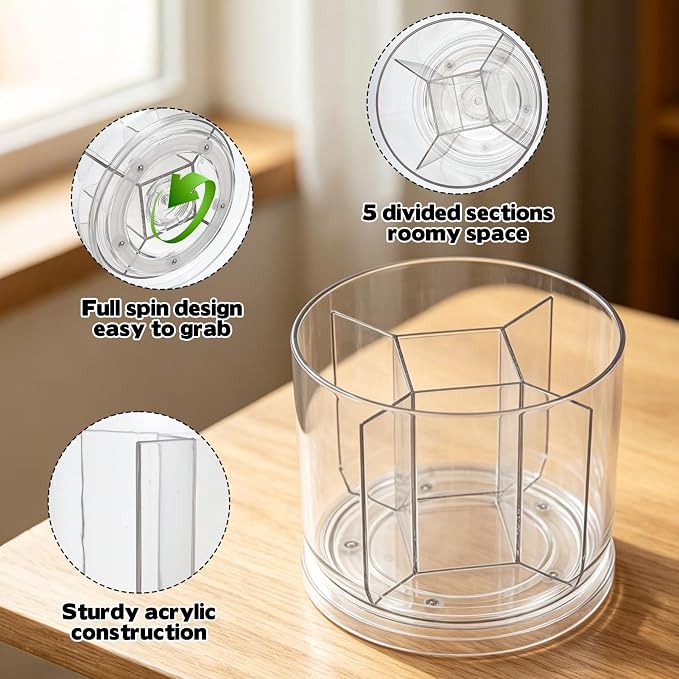 Lickable Cat Treats Organizer, Rotatable Acrylic Squeeze Up Cat Food Storage Container with 5-compartment Storage for Pet Treats, Wet Cat Treats Storage for Kitchen Cabinet Pantry Shelf Countertop