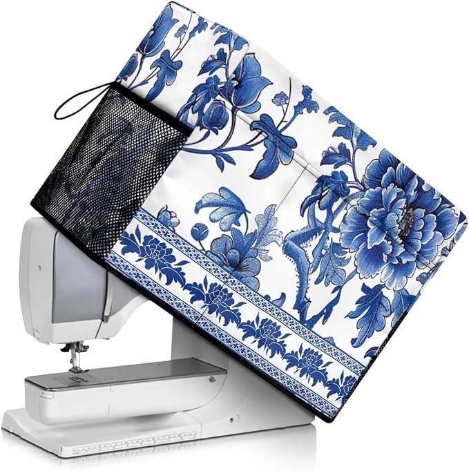 Blue White Floral Print Sewing Machine Cover with Storage Pockets,Dust & Pet Hair Protection,Fits Standard Singer, Brother and Janome Machines, Protecting & Decorating Your Sewing Space