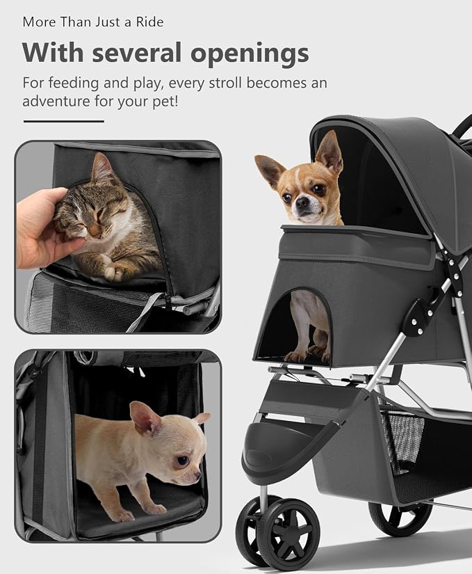 OS MOTOR 3 Wheels Pet Stroller for Small Medium Pets, Black | Foldable Carrier Jogger, Rear Wheel Breaks, Storage Basket, Visible Mesh Weather Cover, Portable, Dog, Cat, Puppy, Kitty