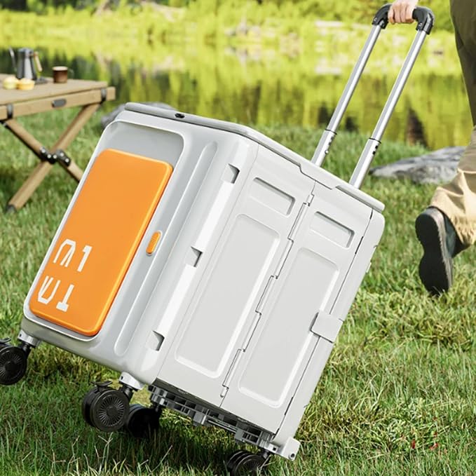 Folding Utility Cart with Lid Lightweight Foldable Rolling Crate Folding Cart with Lid for Picnic, White Gray