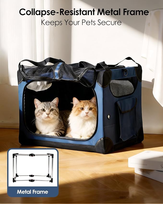 Extra Large 2-Cat Foldable Pet Travel Carrier,24"x17"x17",Blue | Removable Divider, Metal Frame Support, Breathable Mesh Panels, With Storage Tote & Padded Straps
