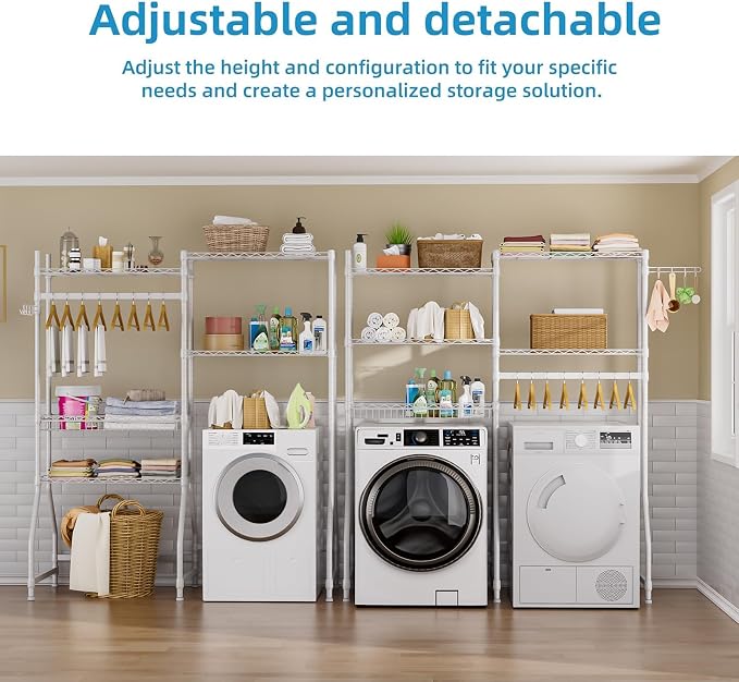Golpart Laundry Organizer Shelves Over the Washer and Dryer Storage Shelf | Heavy Duty Laundry Room Organization Clothes Drying Rack Adjustable Height Wire Shelving and Wire Basket with Hanger Rod