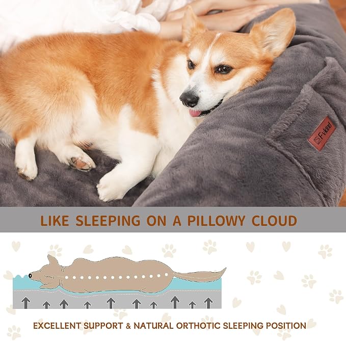 Fvkind Human Dog Bed for Adult, Dog Bed for Humans, 73"x56"x12", Dark Grey | Large Human Dog Bed with Thick Foam Support, Faux Fur Washable Cover, Cozy Human Size Dog Bed with Pillow and Blanket