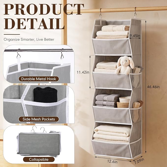 Novabright 2 Pack Hanging Closet Organizer, 4-Shelf Gray Closet Hanging Shelves with Side Mesh Pockets and Metal Hooks, Foldable Fabric Storage Organizer for Clothes, Shoes, Bags, Bedroom, Nursery