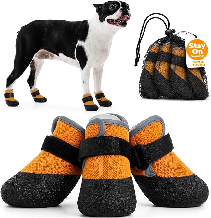 4Pcs Stay-on Dog Booties, Dog Shoes with Soft Upper & Flexible Sole | Waterproof Dog Booties for Hot Pavement, Hiking, Running, and Walking, Snow Shoes for Small, Medium, and Large Dogs, Yellow
