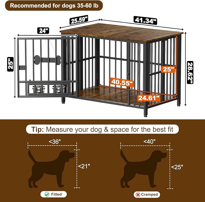 Easycom Foldable Dog Crate Furniture for Large Dogs 35-60 lb, Rustic Brown | Dog Cage with Adjustable Bowls and Name Tag, No Assembly Decorative Wooden Dog Kennel Indoor, End Table