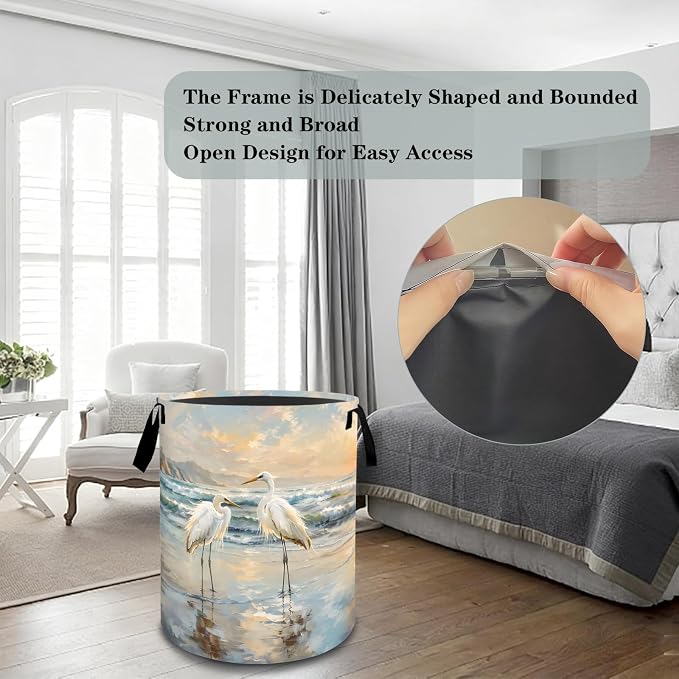 Elegant Great Egret Laundry Basket Hamper, Organizer Bins Gifts for Women Kids, Coastal Bird Foldable Waterproof Clothes Hamper Handles Storage Bucket for Bedroom Bathroom Room Decor 19.7"x15.7"