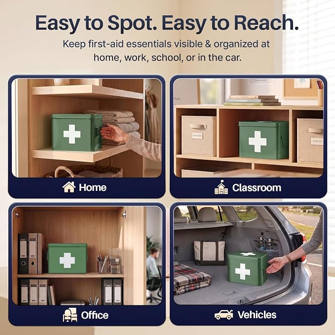 Flexzion Large Metal First Aid Box Empty, 8.5-Inch, Green with White Cross | Vintage Medicine Box and First Aid Storage Organizer with Removable Tray and Dividers; Empty Box Only, Supplies Not Included