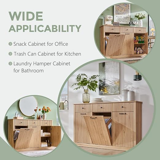 IFGET Triple Tilt Out Trash Can Cabinet, Modern Fluted Laundry Hamper Cabinet with 3 Drawers, 20 Gallon Hidden Wooden Garbage Can Cabinet w/Storage Basket & Adjustable Shelf, for Kitchen, Natural Oak