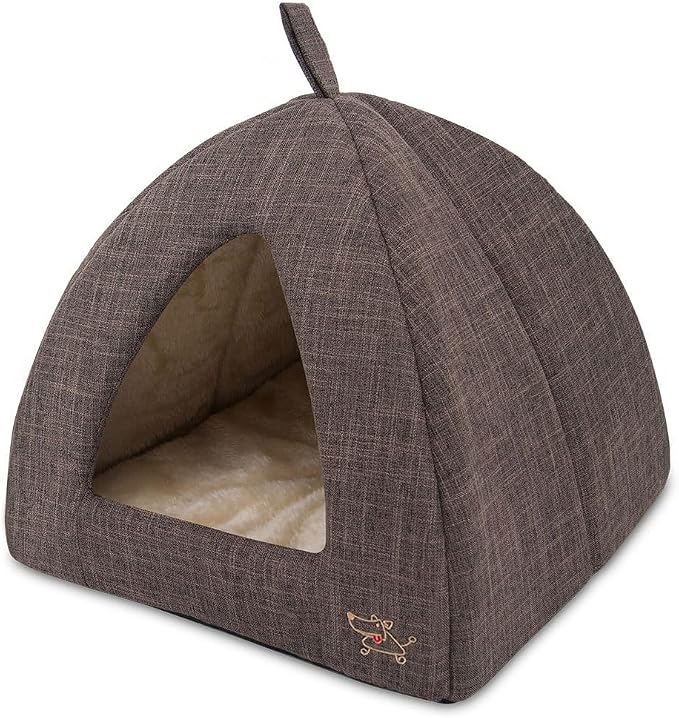 Best Pet Supplies Cat Bed for Indoor Cat, Domed Tent House with Removable Pillow, Covered Cat Cave for Small Dog, Puppies and All Breeds of Cats - Brown Linen, 16 x 16 x H:14"