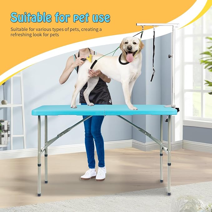 PKNYBZN 47'' Foldable Dog Grooming Table with Arm | Heavy Duty Pet Grooming Table for Dogs at Home with Adjustable Arm & Noose, Stainless Steel Professional Dog Show Blue