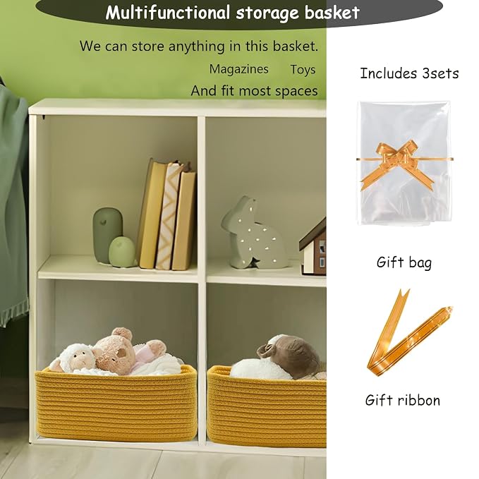 COMFY HOMI 11.5"x7.5"x4.7" Storage Baskets for Organizing | Cotton Rope Woven Basket | Toy Storage Bin Box | Basket for Shelves, Closet Organizer Bin, Decorative Closet Shelf, 3 Pack,