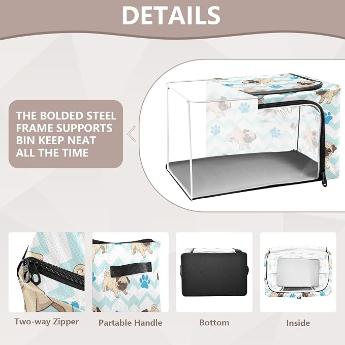 Cute Pets Pugs White pattern Under Bed Storage Containers with Double Zipper Openings, Foldable Clothes Storage Bins with Clear Window and Handles for Comforters Blankets Bedding
