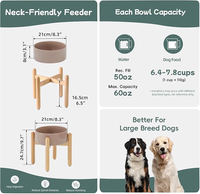 Havniva Ceramic Dog Bowls Elevated, Raised Dog Food Bowl for Large Dogs | 8.3” Elevated Dog Bowls, Non-Slip Wood Stand, Dog Food and Water Bowl Set, Dog Feeding Dish, Large Capacity Pet Water Bowl