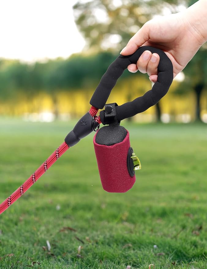 Gobeigo 2-in-1 Dog Poop Bag Holder【Easy Pull-Out Version】(Red) | Hard Plastic Insert & Soft Fabric Bag Snap-On Strap Dispenser Fits Retractable and Standard Leashes with 1 Roll Bags