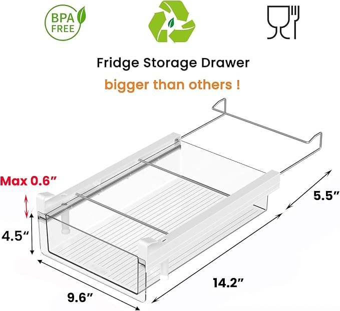 vacane Deeper Refrigerator Drawers, Adjustable Refrigerator Shelf 14-19.5 Inches Large Fridge Drawer Organizer Pull Out, Deli Meat Container for Produce, Cheese, Bacon-XL