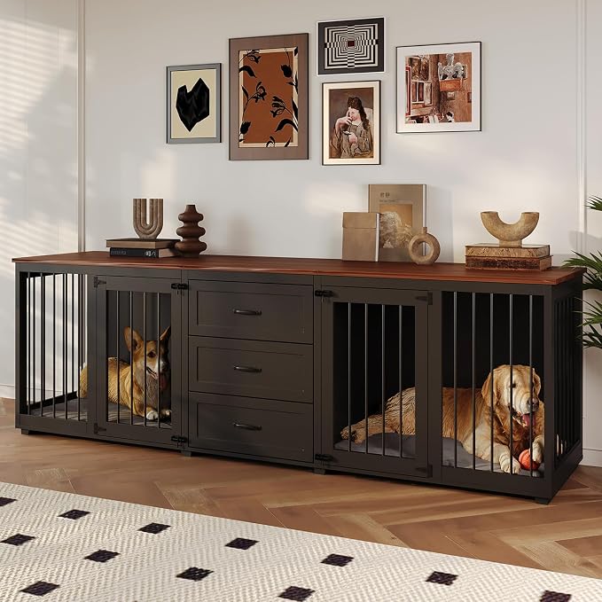 Dog Crate Furniture, Indoor Wooden Farmhouse Dog Kennel Furniture with 3 Drawers & 2 Lockable Doors, 95"x23.6"x32"H, Black