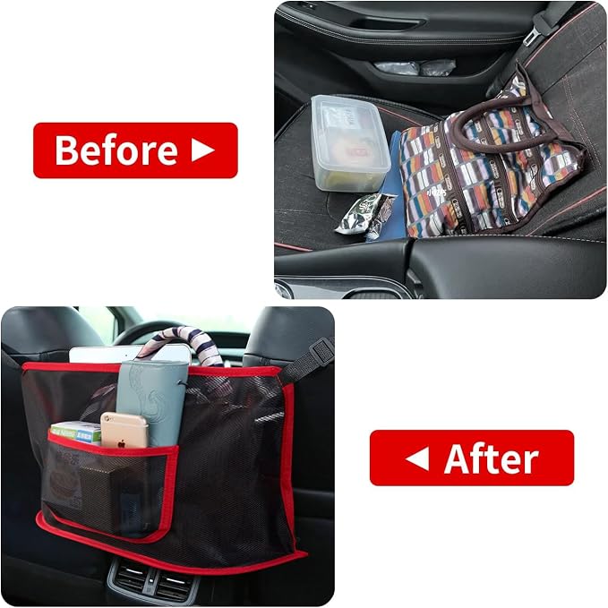 Car Net Pocket Handbag Holder Between Seats Universal Seat Back Storage Mesh Bag for Phone Purse and Smaller Items Barrier of Pet Kids, Red