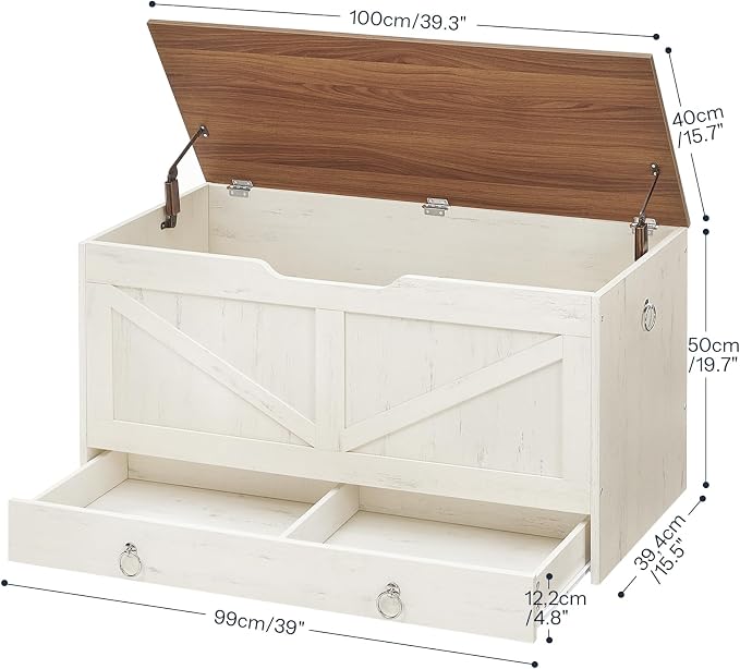 HOOBRO Storage Chest, 39.3" Toy Chest with Drawer, Wooden Storage Bench, Sturdy Entryway Bench Supports 220 lb, Safety Hinge, U-Shaped Opening, Easy Assembly, Cloud White and Walnut IH710CW01G2