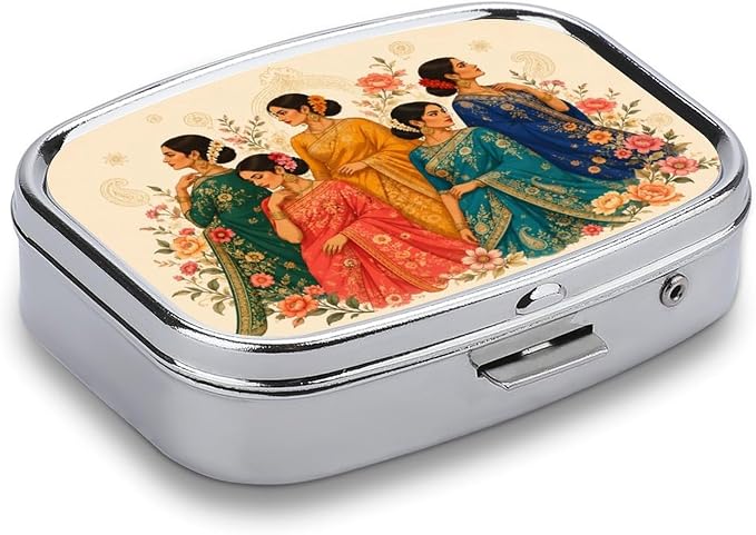 Elegant Women in Traditional Sarees Two Compartment Pill Box Medicine Organizer, Portable Pill Case with Secure Snap Closure for Vitamins Medication Supplements Daily Use