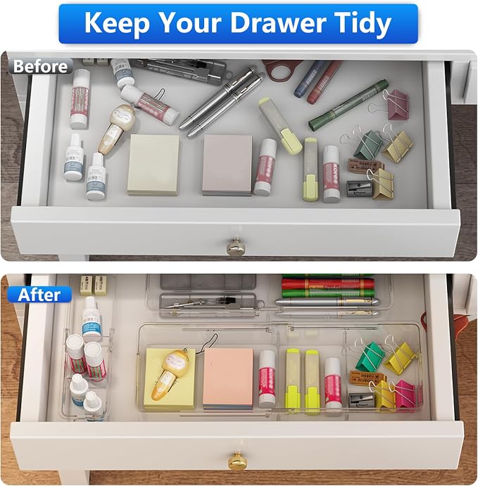 8 Pcs Expandable Drawer Organizer, Adjustable Desk Drawer Organizer with Dividers, 4-Sizes Plastic Storage Bins for Makeup, Kitchen, Bathroom Vanity, Office & Gadgets Drawer