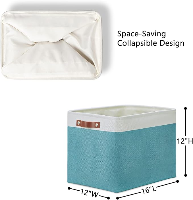 DULLEMELO Large Closet Storage Baskets Canvas Storage Baskets for Organizing 2 Pack Collapsible Home Organizer With Handles (White&Teal)