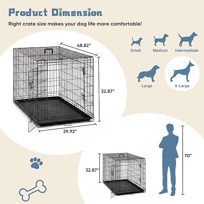 DUMOS 48 Inch Dog Crate, Foldable Medium Large Dog Cage Pet Kennel | Double Door Metal Wire, Plastic Leak-Proof Pan Tray, Portable Indoor Outdoor Training Travel