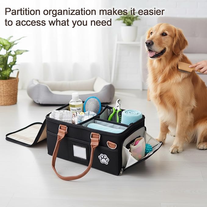 Felt Dog Grooming Bag,Portable Tote Bag for Dogs Cats,Dog Storage Organizer for Grooming Tool Kit,3 Compartments Pet Stuff Oganizers with 8 Pockets-Black