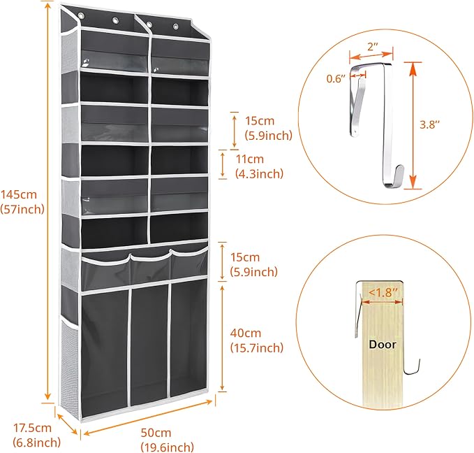 Extra Large Over The Door Organizer with Clear Pockets - 8 Compartments & XL Bottom Storage, Heavy-Duty Hanging Organizer for Bathroom, Bedroom, Closet (57 Inch Height).