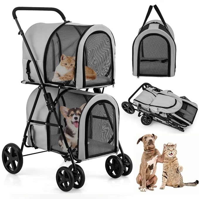 Dog Stroller with 2 Detachable Carrier, Pet Stroller for Small Medium Dogs Cats, Jogger/Travel/Camping, 4-in-1 Doggy Pet Carrier, Carrier Strolling Cart with Lockable Wheels (Gray)