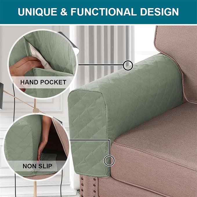 2 Pcs Waterproof Couch Arm Covers Dirty-Resistant Anti-Scratch Arm Rest Covers for Sofa with Side Pocket Anti-Slip Arm Chair Covers, Armrest Organizer(Green)