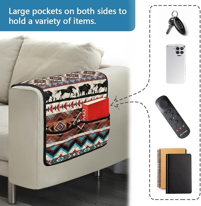 Aztec Stretch Couch Arm Covers with 2 Pockets Breathable Armrest Covers Chairs Arm Cover Easy to Clean, Scratch-Resistant Sofa Arm Protector Home Furniture Decor Cover