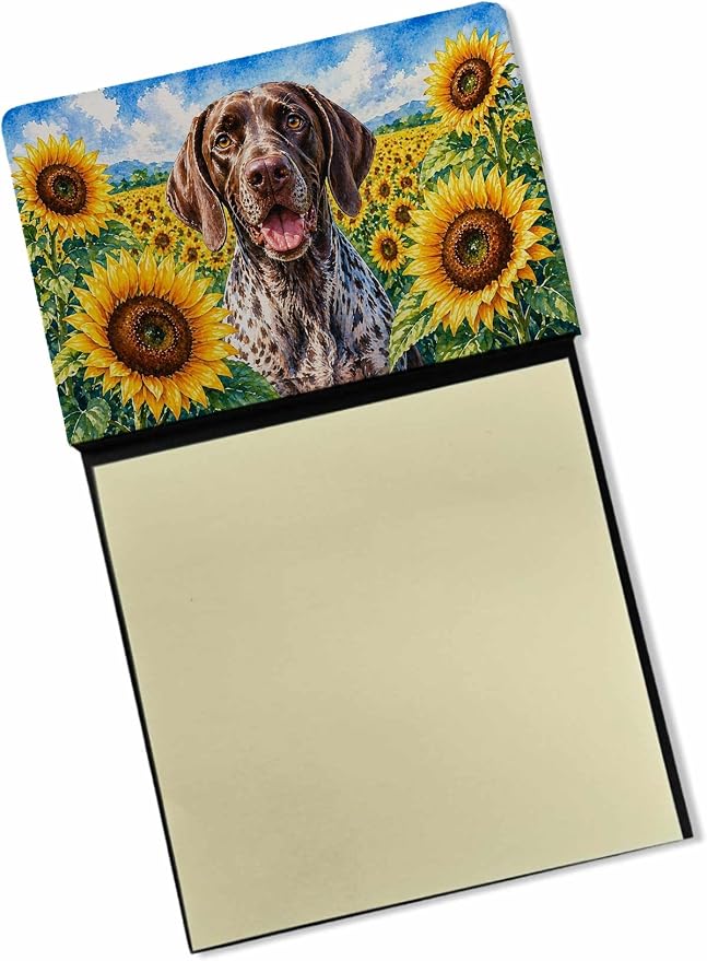 Caroline's Treasures German Shorthaired Pointer in Sunflowers Watercolor Sticky Note Holder Refillable Dispenser Desk Accessory 3x3 Pad Gift