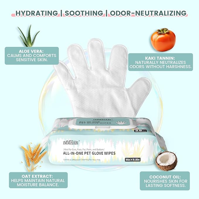 IMMHABI 100 Pcs Pet Glove Wipes, Cleaning & Deodorizing for Dogs & Cats, Hypoallergenic Dog Bath Wipes with Natural Persimmon Tannin, Unscented Wipes for Ears, Fur, Paws
