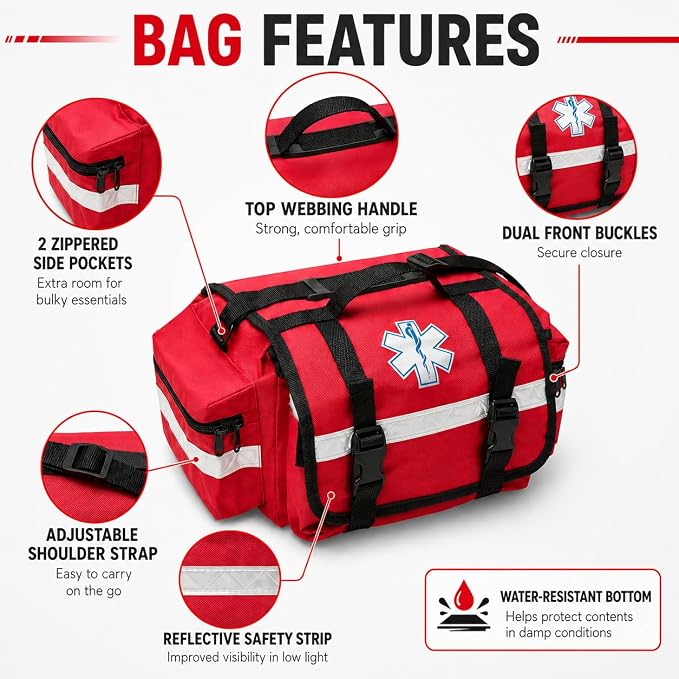 NOVAMEDIC NM-RO63P Professional First Responder Bag, 17” x 9” x 7” Empty EMT Trauma Kit Carrier with Removable Dividers, Reflective Strips, Water-Resistant Base for Emergency Medical Supplies (Red)