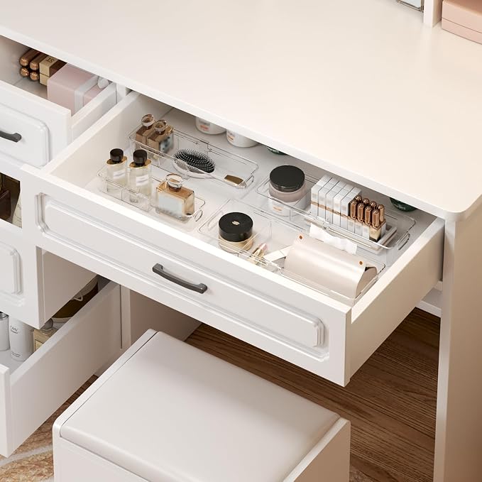 8 Pcs Expandable Drawer Organizer, Adjustable Desk Drawer Organizer with Dividers, 4-Sizes Plastic Storage Bins for Makeup, Kitchen, Bathroom Vanity, Office & Gadgets Drawer