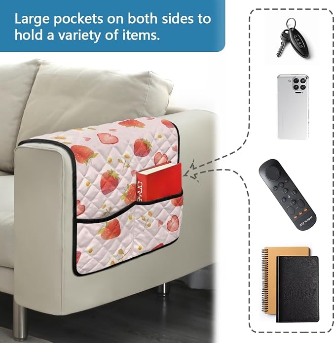 Strawberry Stretch Armrest Cover Couch Arm Covers Washable Sofa Chair Arm Covers with 2 Pockets Furniture Protector Armchair Slipcovers for Recliner Home Decor Sofa Arms Rest Cover