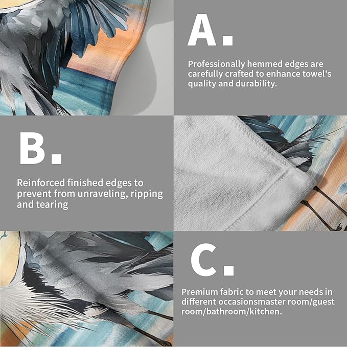 Giwawa Heron Towel Set of 2 Watercolor Summer Coastal Sea Bird Decorative Hand Face Towels for Bathroom Guest Nautical Beach Themed Microfiber Kitchen Dish Towel for Hotel Gym Spa Season