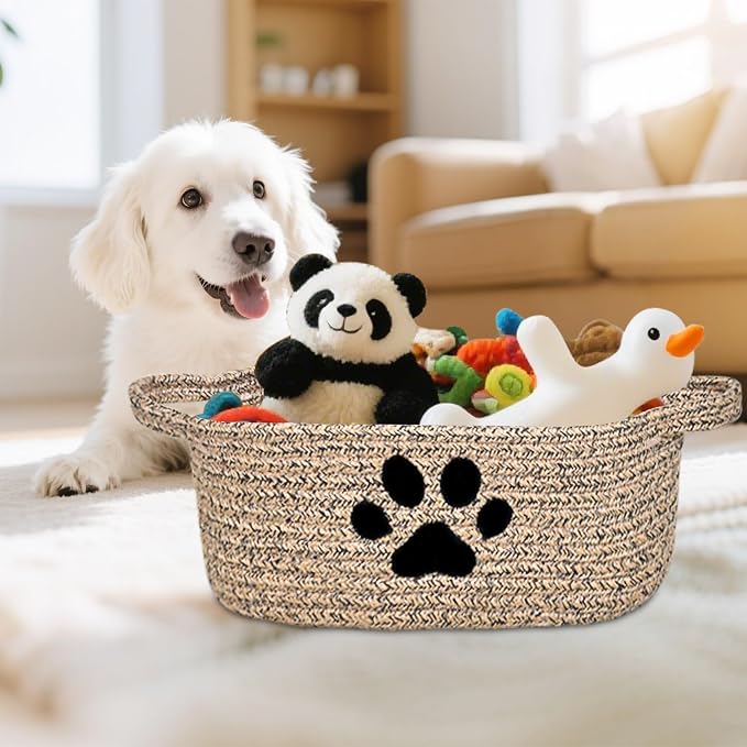 ABenkle Small Woven Basket with Handle, Cute Dog Paw Baskets for Gifts Empty, Decorative Rope Woven Storage Dog Toy Basket, Nursery Baskets for Baby Shower, 12" x 8" x 5"