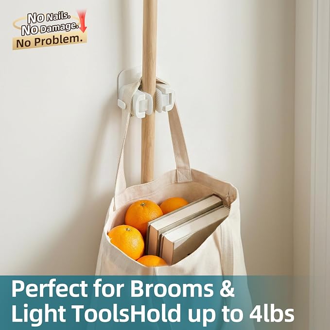 TAILI Mop and Broom Holder Wall Mount Grippers, 2 Hangers and 6 Adhesive Strips, Damage Free Hanging Wall Mount, Household Cleaning Organizer for Organization and Storage, Holds up to 4 lbs, White