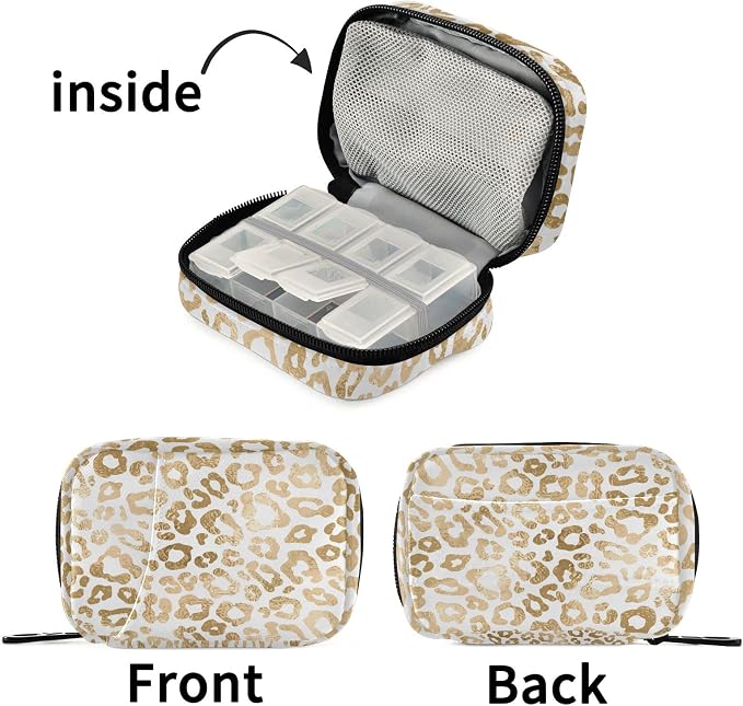 Gold Leopard Print Pill Case, Weekly Portable Pill Bag Container 7 Days Pill Box Organizer Vitamin Supplement Holder with Zipper for Travel Family Business