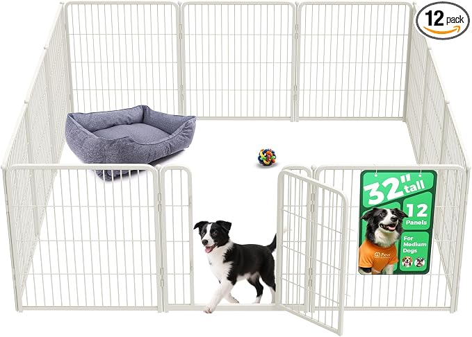FXW Homeplus Indoor Dog Playpen, 32" H, 12 Panels, for Small & Medium Dogs | Stress-free play, Heavy-duty, Semi-open design, Easy setup, Threshold-free gate, Expandable, Patented