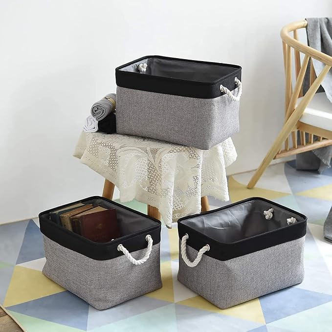 Collapsible Storage Bin for Shelves - 16x12x8 inch Large 3 Pack Storage Basket for Organizing with Rope, Fabric Storage Cubes for Organizer Toy Cloth Gift Closet (Black & Grey)
