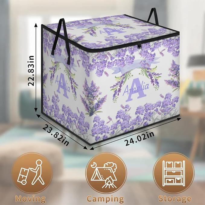 Custom Comforters Storage Basket with Lid, Personalized Name Large Organizer Bin for Clothes, Perfect for Rooms, Watercolor Purple Lavender Florals