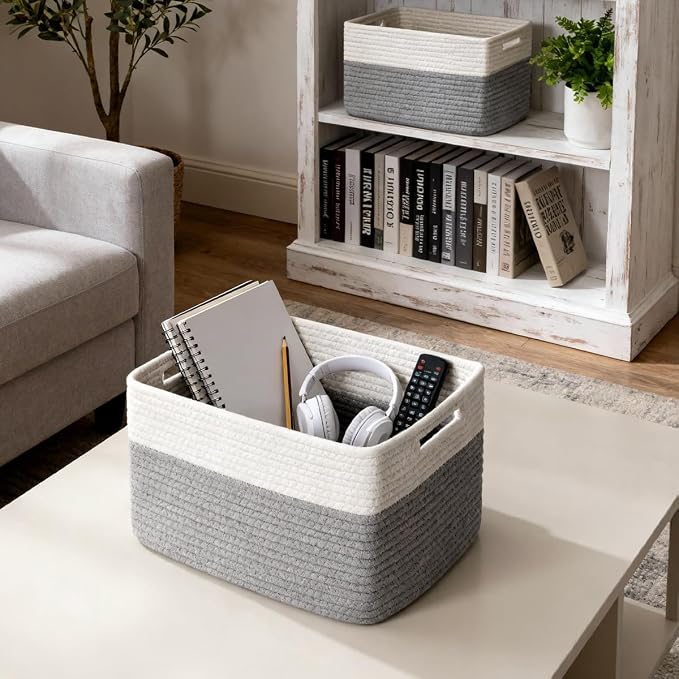 5 Pack Woven Storage Baskets, Decorative Storage Bins for Organizing | 13.8'' × 9.8'' × 7.9'', Cotton Rope Basket Organizer for Closet, Shelves, bathroom, Nursery, Toys, Books, Pantry, Gray/White